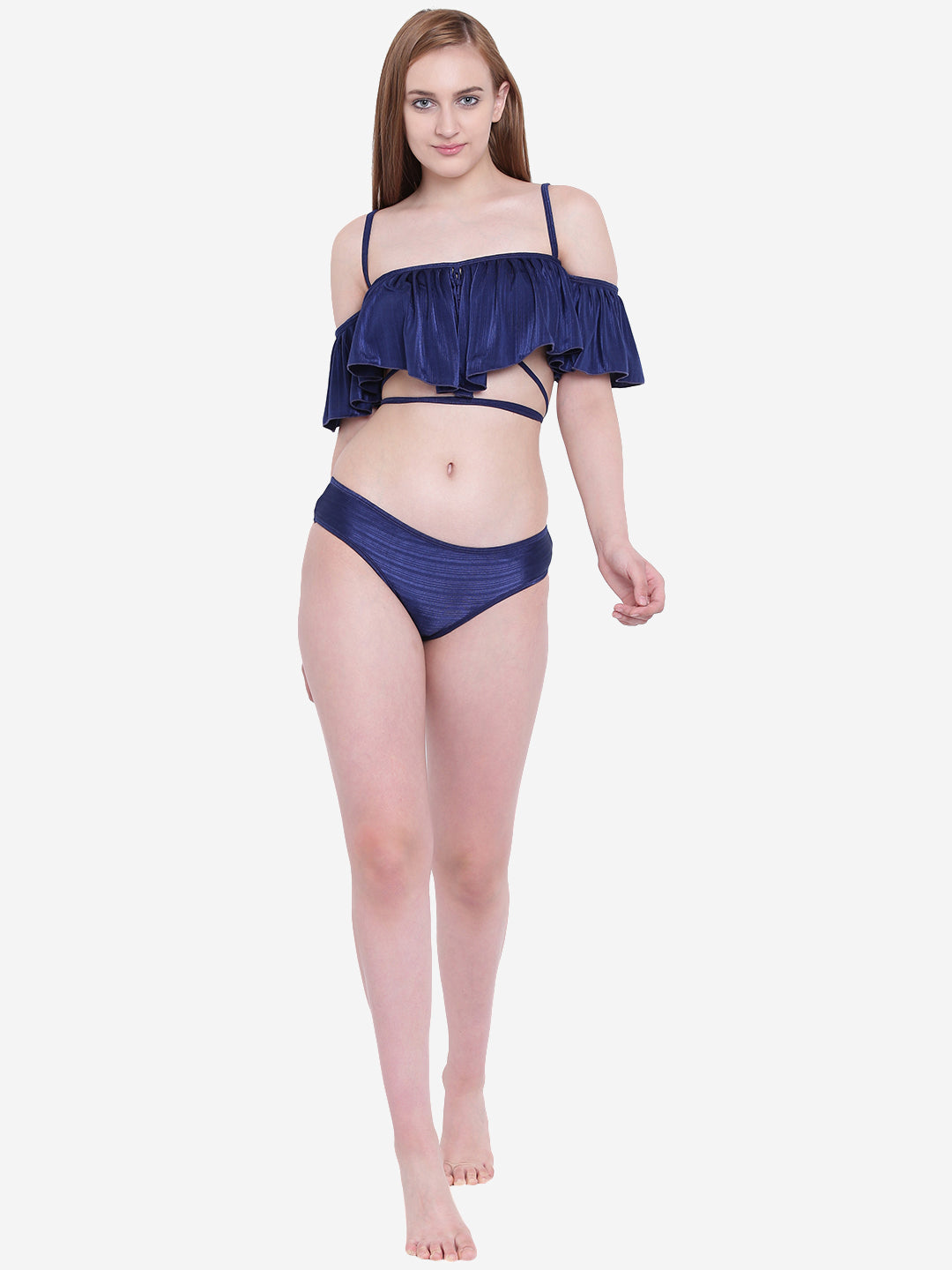 Textured Non Padded Frilled Adjustable Bikini Swimsuit (Set of 2)
