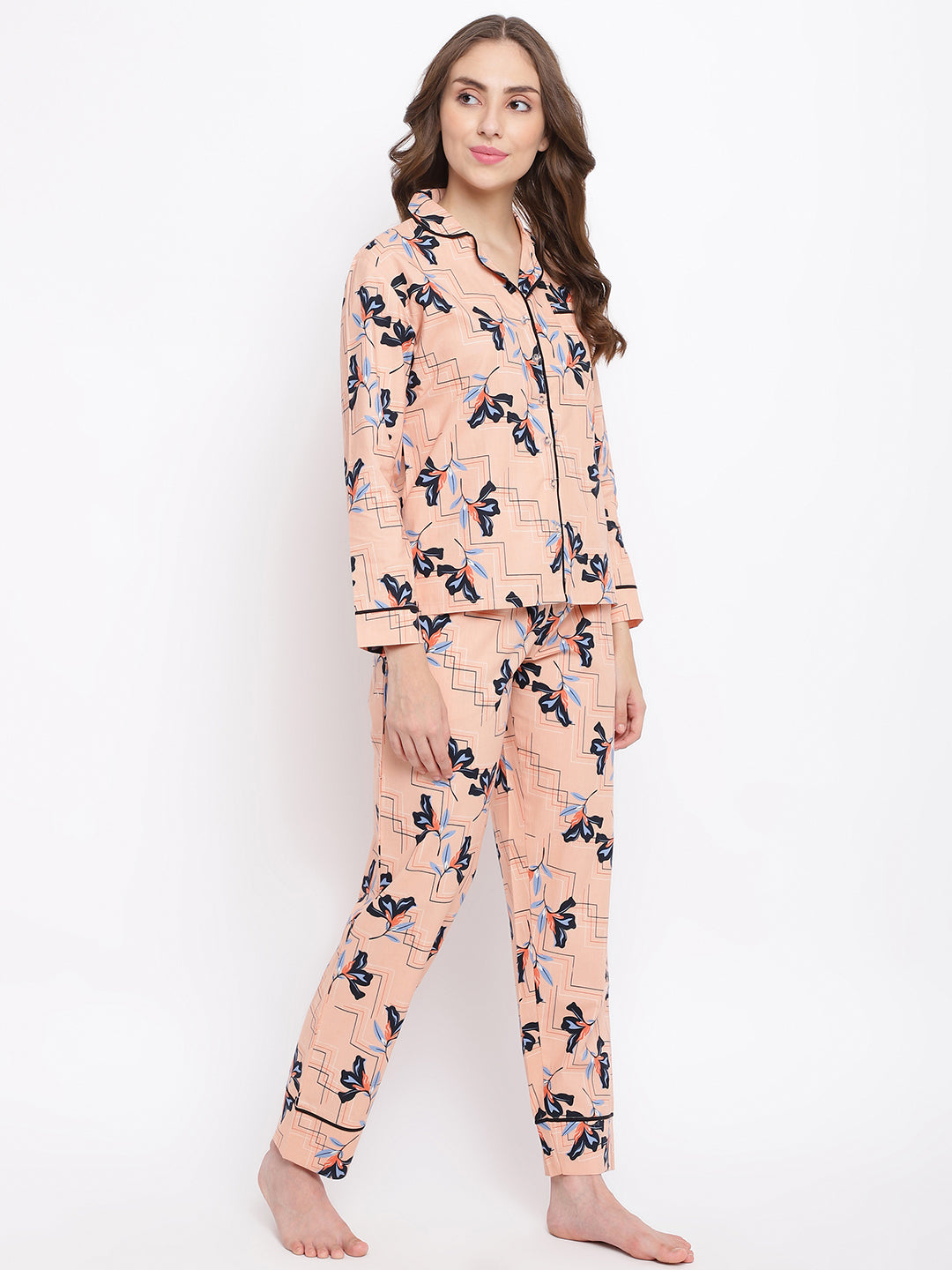 100% Cotton Flower Print Peach Nightsuit