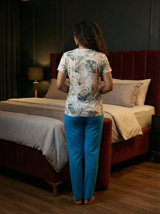 100% Cotton Printed Contrasting Pyjama T-Shirt Nightwear