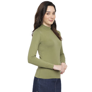 Fitted Mock Neck Olive Full Sleeve Top