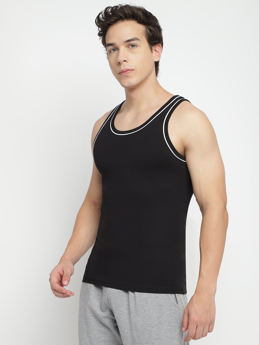 Three men's gym vests by La Intimo in a multipack, showcasing comfortable and stylish innerwear ideal for workouts and casual wear.