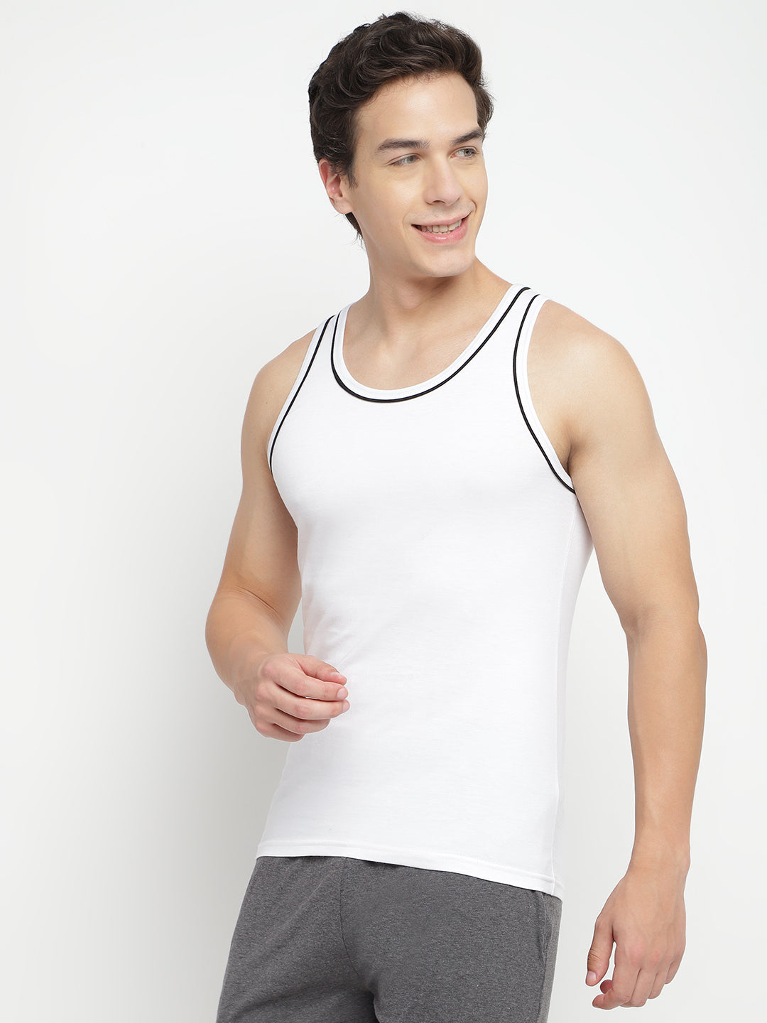 Three men's gym vests by La Intimo in a multipack, showcasing comfortable and stylish innerwear ideal for workouts and casual wear.