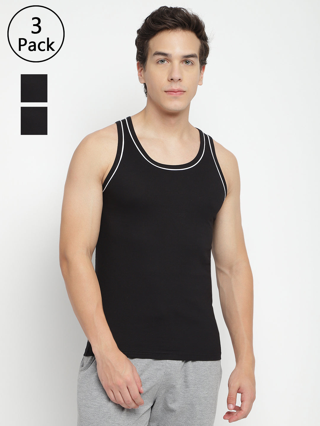 Three men's gym vests by La Intimo in a multipack, showcasing comfortable and stylish innerwear ideal for workouts and casual wear.