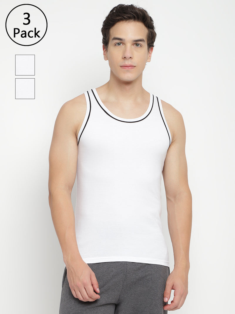 Three men's gym vests by La Intimo in a multipack, showcasing comfortable and stylish innerwear ideal for workouts and casual wear.