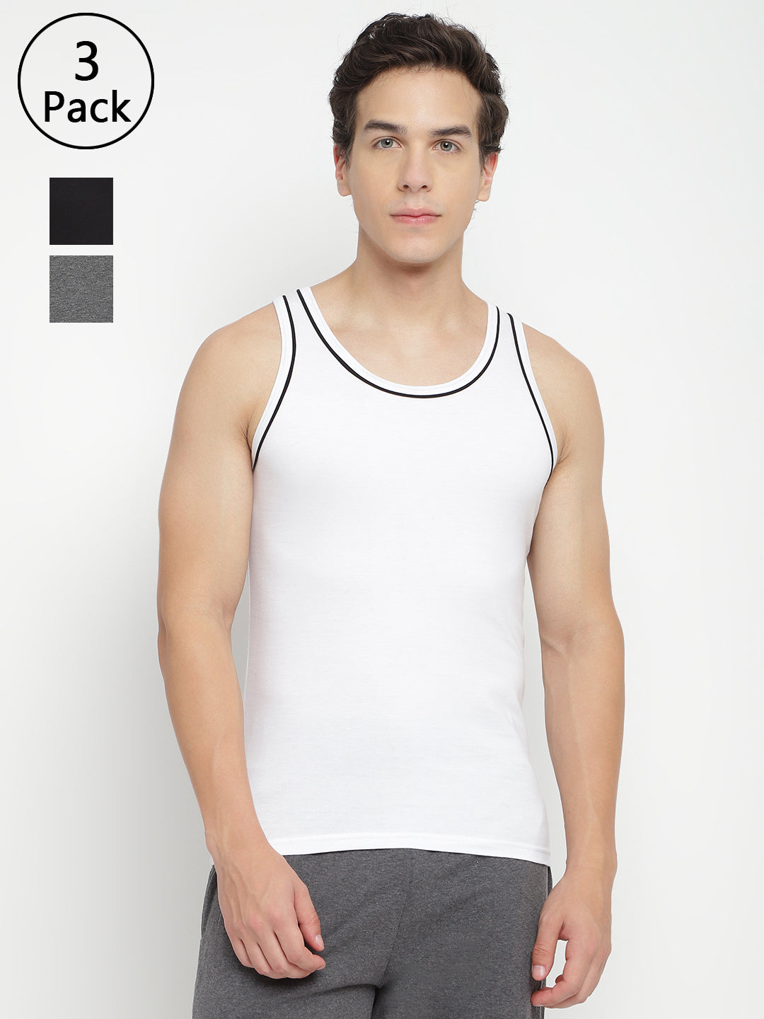 Three men's gym vests by La Intimo in a multipack, showcasing comfortable and stylish innerwear ideal for workouts and casual wear.