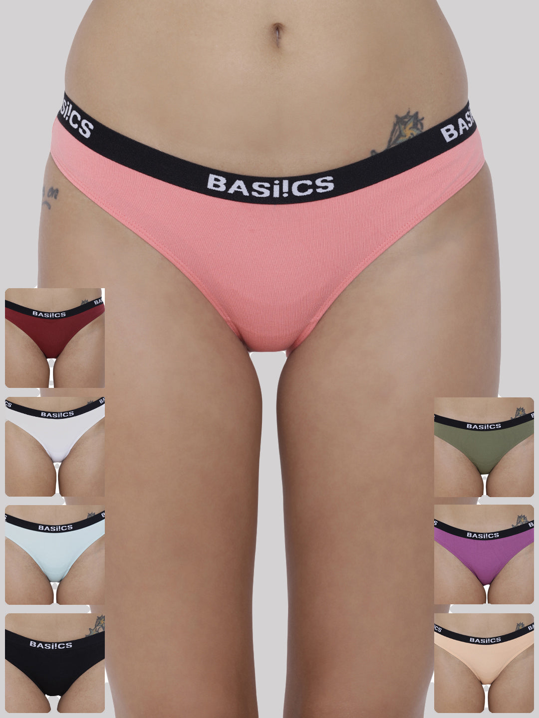 Pack of 8 women's briefs by BASIICS by La Intimo in a variety of colors, designed for comfort and everyday wear.