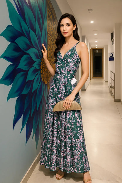 Green Floral Maxi Dress - Silky Crepe