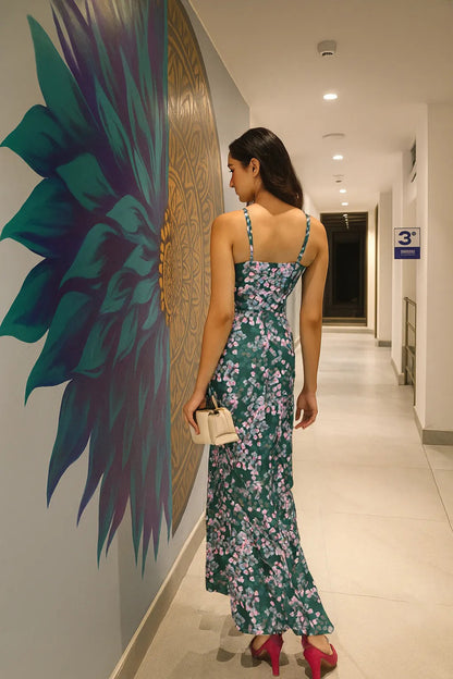 Green Floral Maxi Dress - Silky Crepe