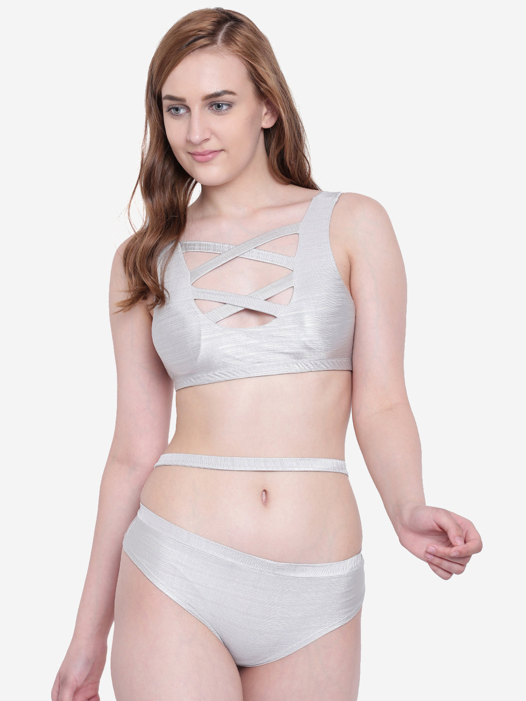 Padded Textured Criss Cross Two Piece Bikini Swimwuit (Set of 2)