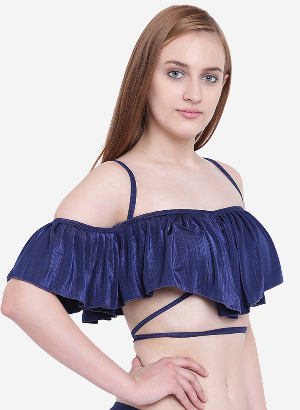 Textured Non Padded Frilled Adjustable Back Closure Swim Upper