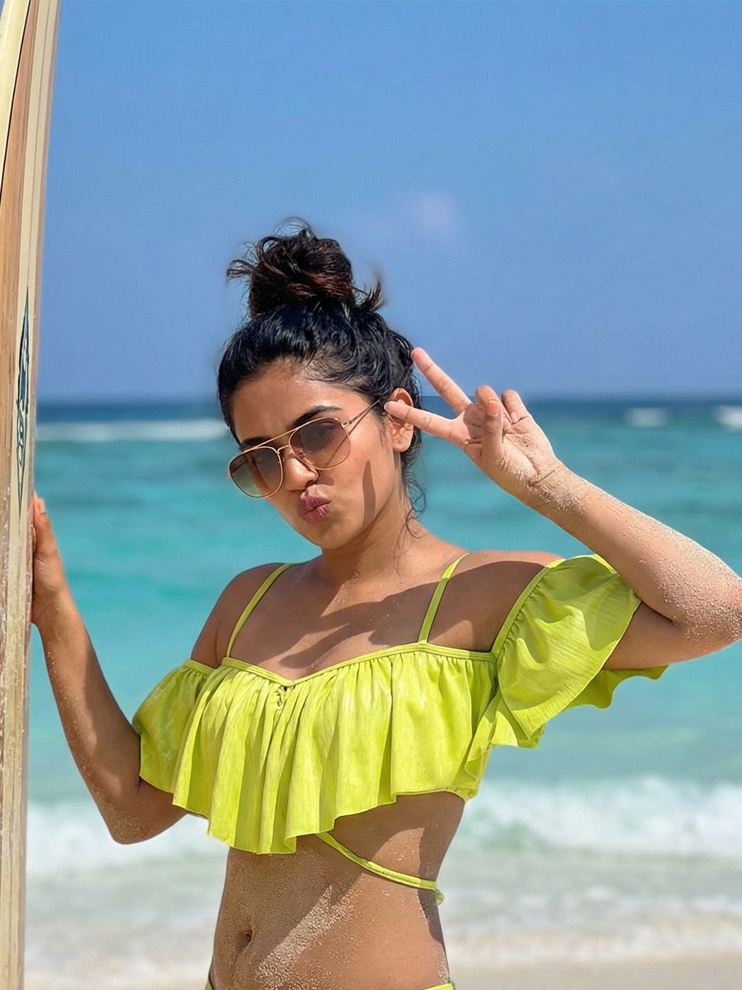 Textured Non Padded Frilled Adjustable Back Closure Swim Upper