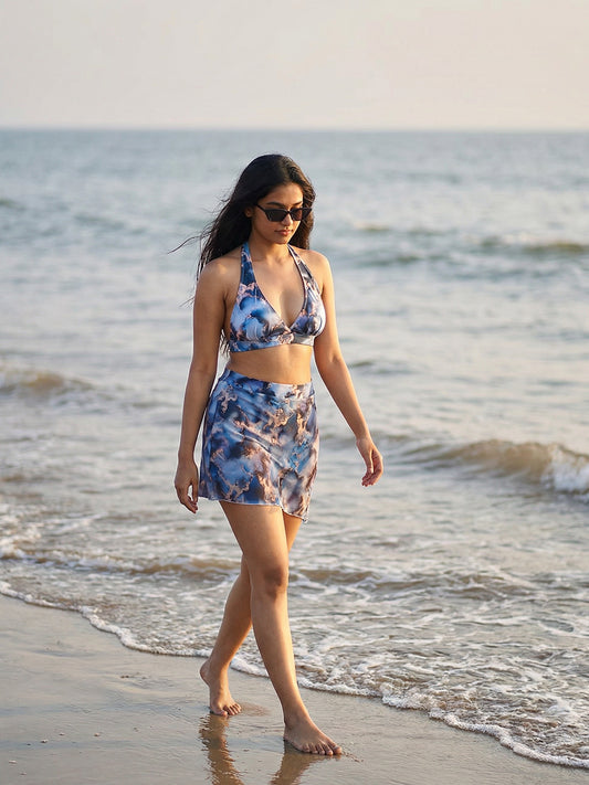 Padded Halter Neck Abstract Print Bikini Skirt Swimsuit CoverUp (Set of 3)
