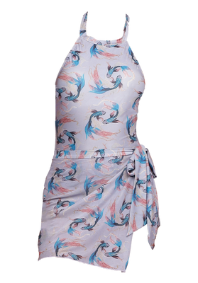 Padded Fish Print Halter Neck Thong One Piece Swimsuit with Sarong (Set of 2)