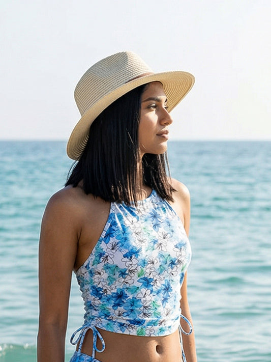 Padded Halter Neck Floral Print Tankini Swim Crop Top