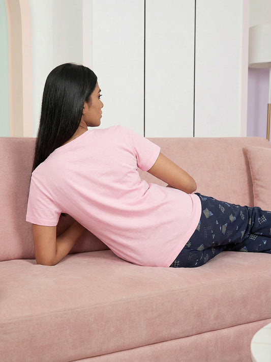 100% Abstract Check Print Pyjama T-Shirt Nightsuit