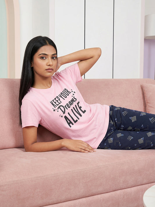 100% Abstract Check Print Pyjama T-Shirt Nightsuit