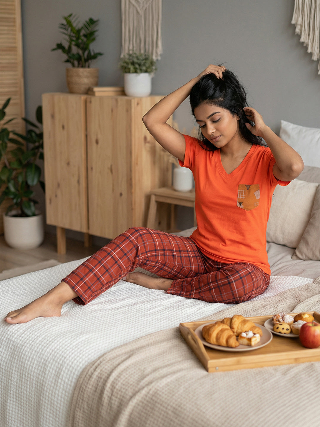 100% Cotton Check Print Pyjama T-Shirt Nightsuit