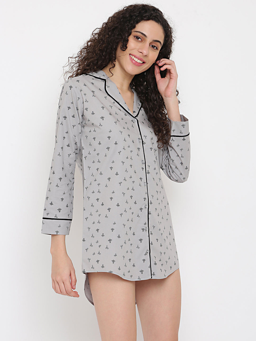 100% Cotton Printed Long Shirt Grey Nightwear