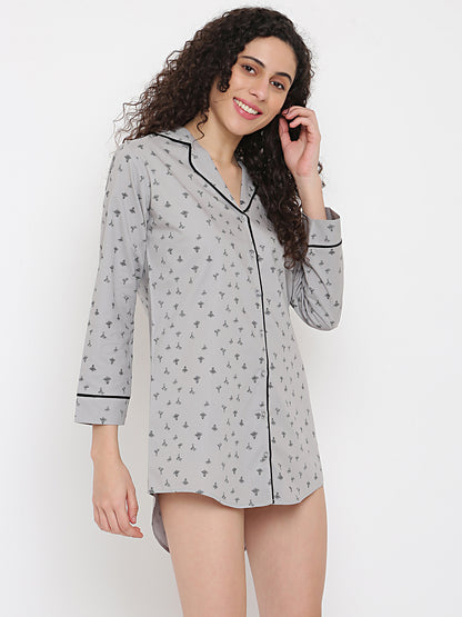 100% Cotton Printed Long Shirt Grey Nightwear