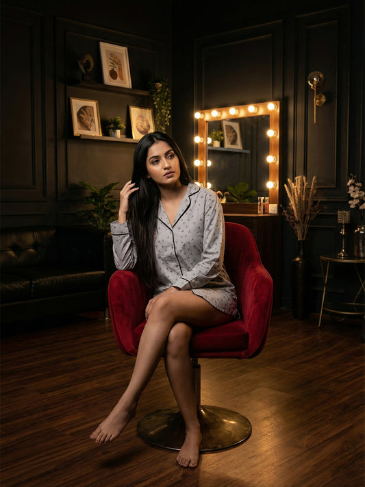 100% Cotton Printed Long Shirt Grey Nightwear