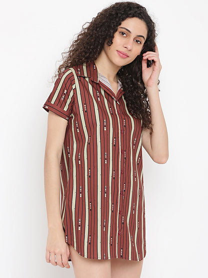 100% Cotton Striped Self Print Long Shirt Nightwear
