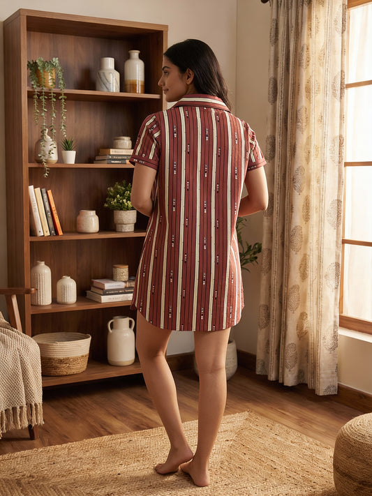 100% Cotton Striped Self Print Long Shirt Nightwear