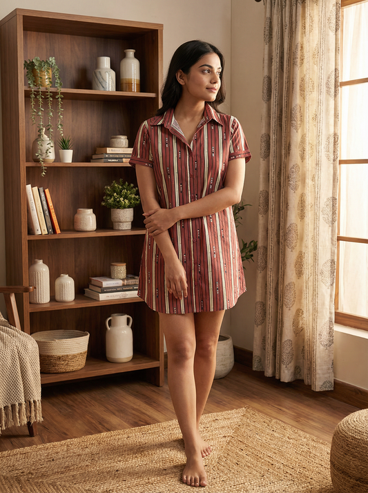 100% Cotton Striped Self Print Long Shirt Nightwear