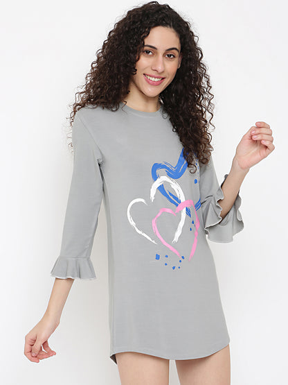 Modal Heart Print Long T-Shirt Grey Nightwear