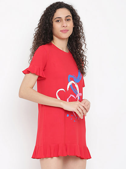 Modal Heart Print Long T-Shirt Red Nightwear