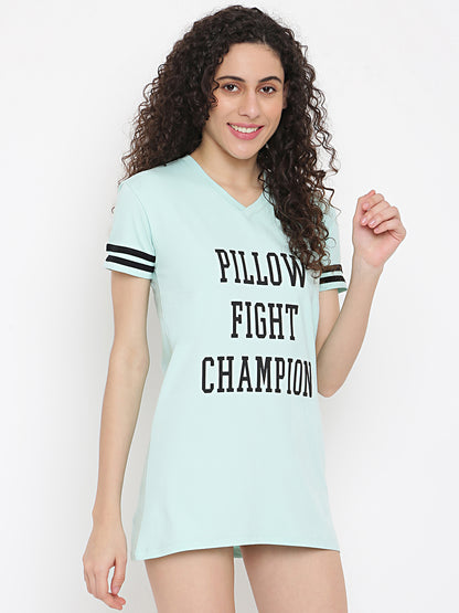 Cotton Printed Sea Green Long T-Shirt Nightwear