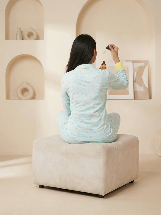 100% Cotton Rabbit Print Blue Nightsuit