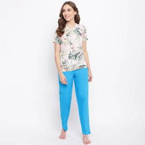 La Intimo Flower Fun Blue Pyjama & Printed T-Shirt Set