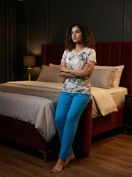 100% Cotton Printed Contrasting Pyjama T-Shirt Nightwear