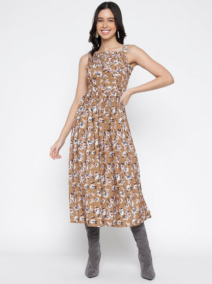 Brown Multi Midi Dress - Silky Crepe