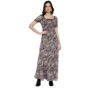 Women's Printed Puff Sleeve Tiered Maxi Dress for Women | Printed Long Dresses For Women Western Wear MQDRS07