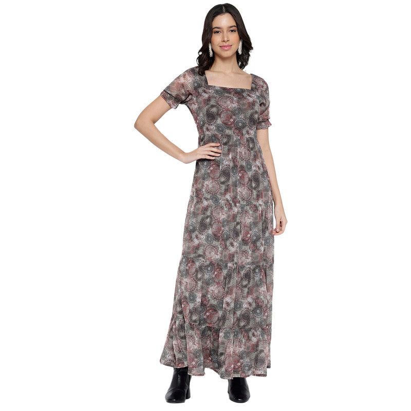 Women's Printed Puff Sleeve Tiered Maxi Dress for Women | Printed Long Dresses For Women Western Wear MQDRS07