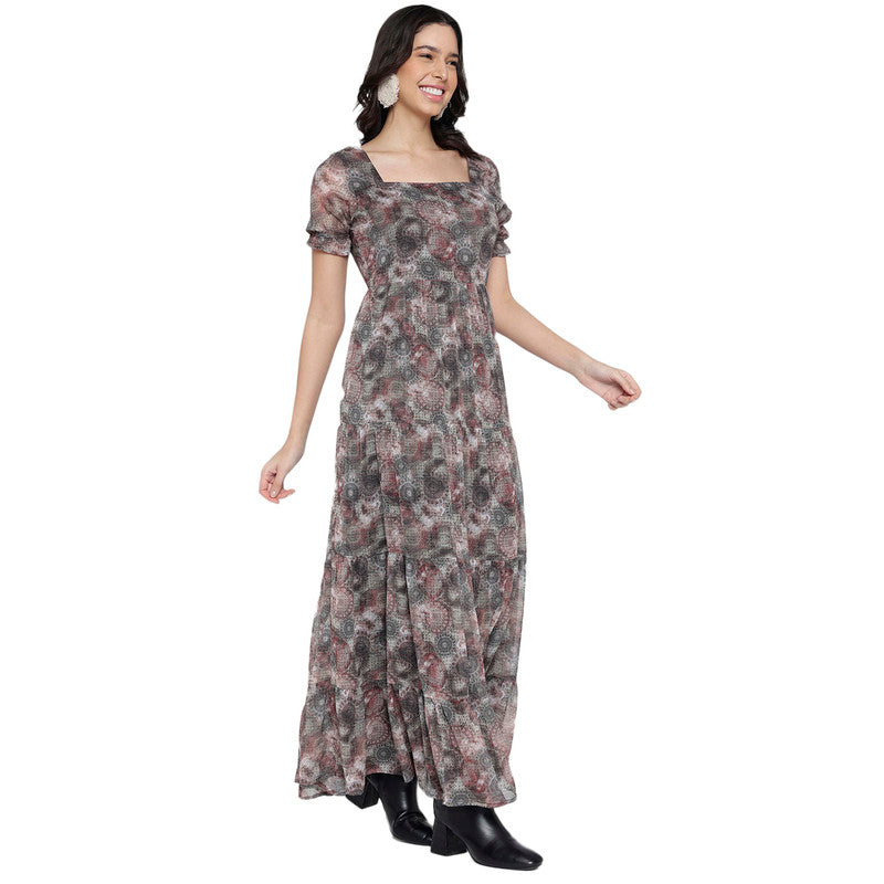 Women's Printed Puff Sleeve Tiered Maxi Dress for Women | Printed Long Dresses For Women Western Wear MQDRS07