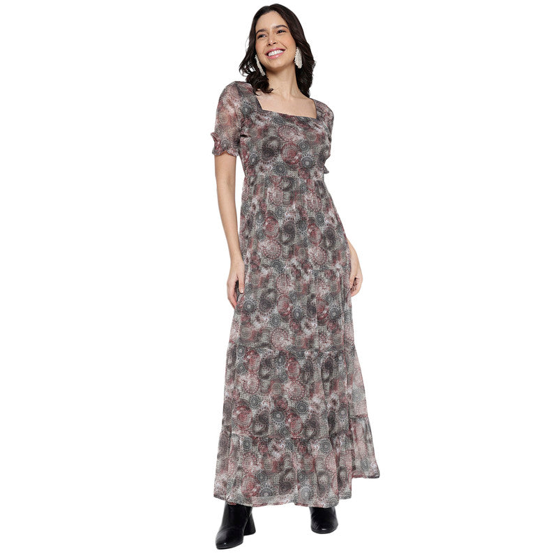 Women's Printed Puff Sleeve Tiered Maxi Dress for Women | Printed Long Dresses For Women Western Wear MQDRS07