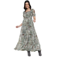 Women's Printed Puff Sleeve Tiered Maxi Dress for Women | Printed Long Dresses For Women Western Wear MQDRS07