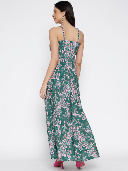 Green Floral Maxi Dress - Silky Crepe