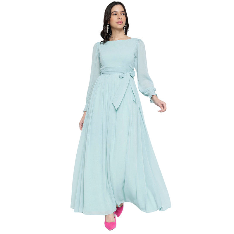 Women's Solid V-Neck Bishop Sleeves Fit and Flare Maxi Dress for Women | Long Dresses For Women Western Wear MQDRS11