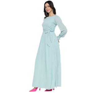 Women's Solid V-Neck Bishop Sleeves Fit and Flare Maxi Dress for Women | Long Dresses For Women Western Wear MQDRS11