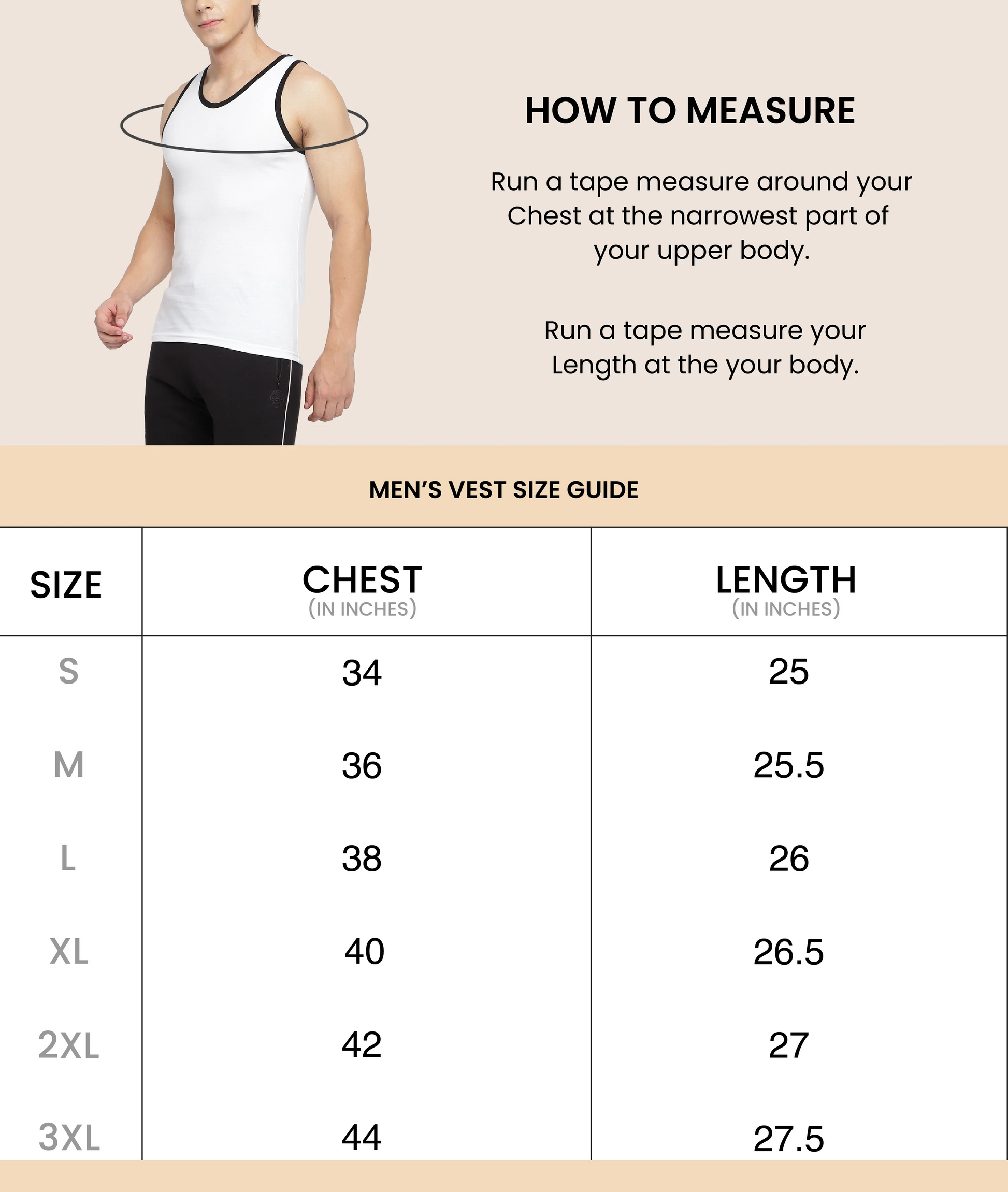 Men's 100% Cotton Vest Sando Baniyan - Basic Comfort (Pack of 2) - Size Chart - La Intimo