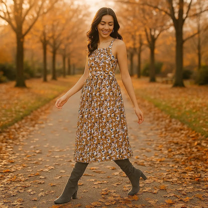 Brown Multi Midi Dress - Silky Crepe