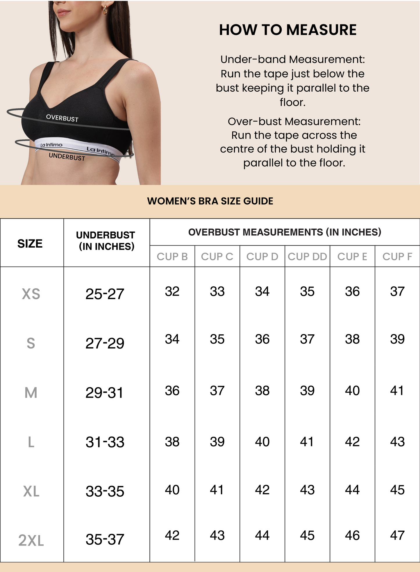 Women's Wireless Padded V-Neck Adjustable Straps Bra - Size Chart - La Intimo