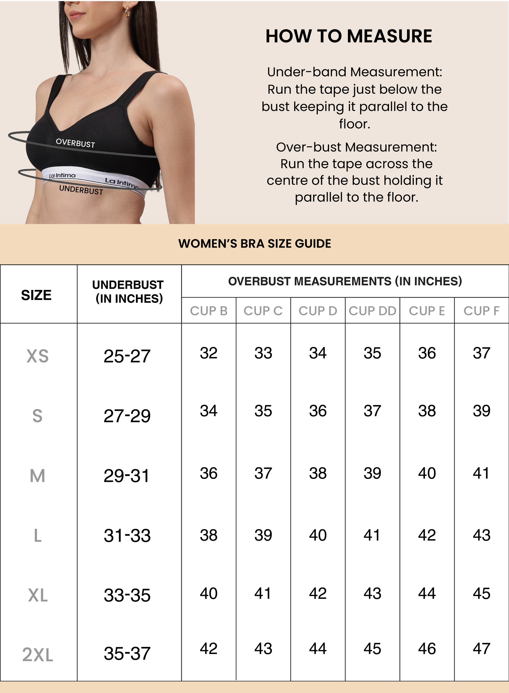 Women's Full Coverage Padded Racerback Sports Bra - Size Chart - La Intimo