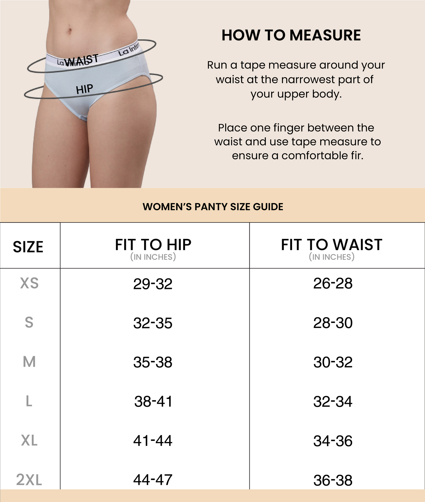 Women's No-Show Semi Seamless Thong - Spiffy BASIICS (Pack of 3) - Size Chart - La Intimo