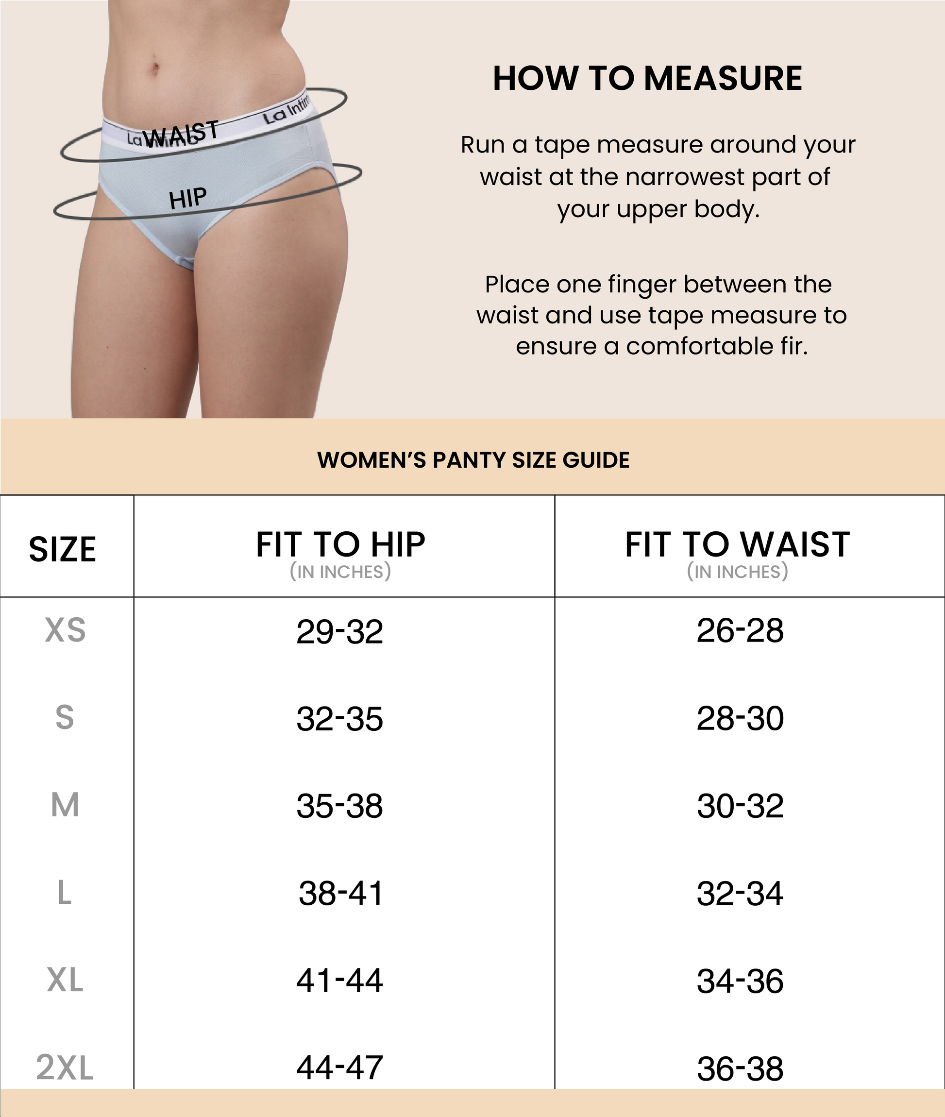 Women's No-Show Semi Seamless Thong - Spiffy - Size Chart - La Intimo