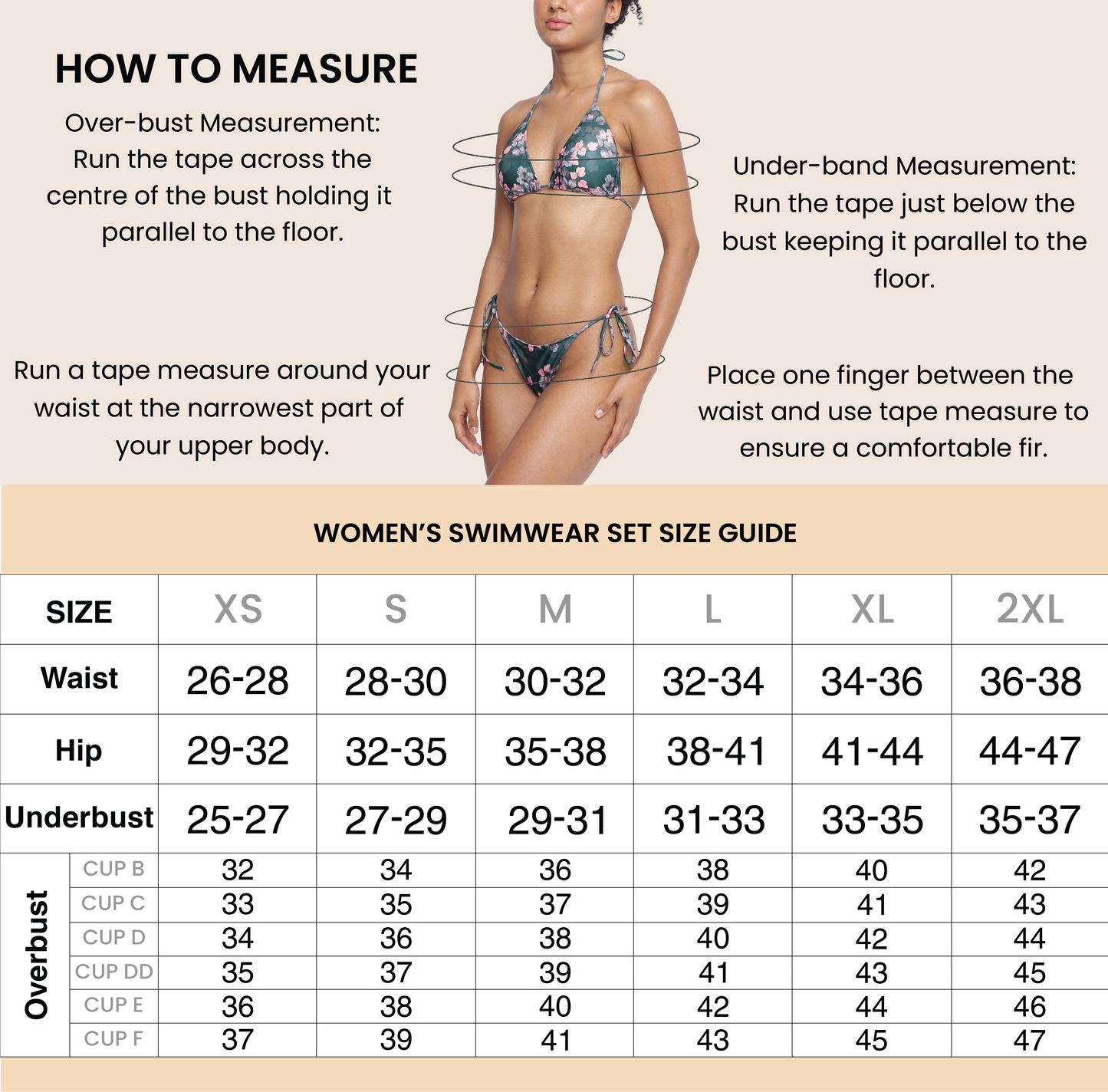 Women's Padded Halter Neck Floral Print Bikini Swim Bra - Size Chart - La Intimo