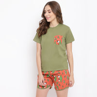 La Intimo Platypus Perk Olive Boxer Shorts & Printed T-Shirt Set